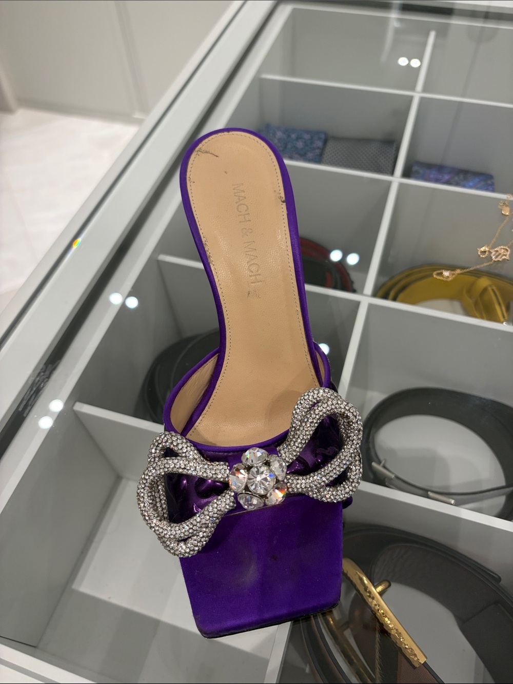 MACH & MACH Purple Satin Crystal Bow Slide Mules